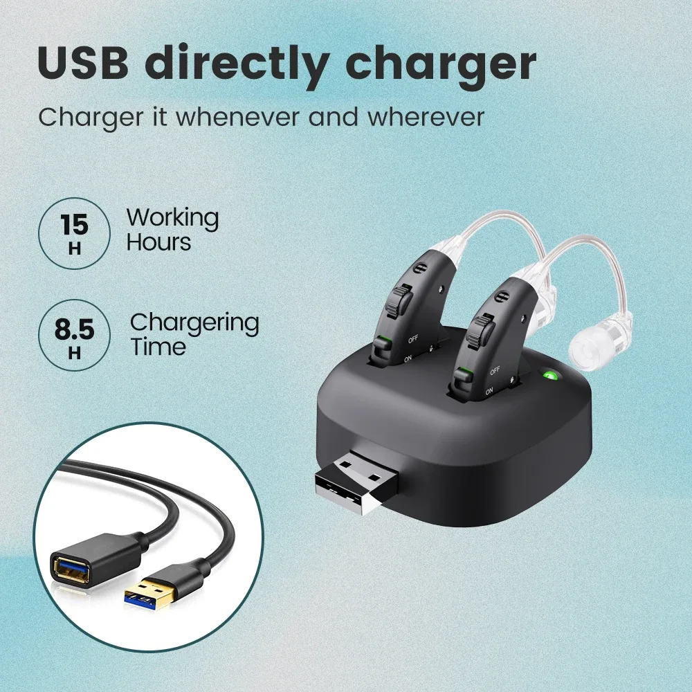 Aides auditives rechargeables noires derrière l'oreille