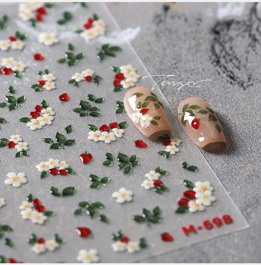 Autocollant ongles 5D en relief, motifs de fleurs
