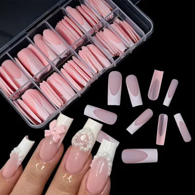 Faux ongles à presser roses mats, longs carrés – image 3