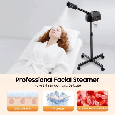 Vaporisateur facial électrique noir sur pied à roues – image 2